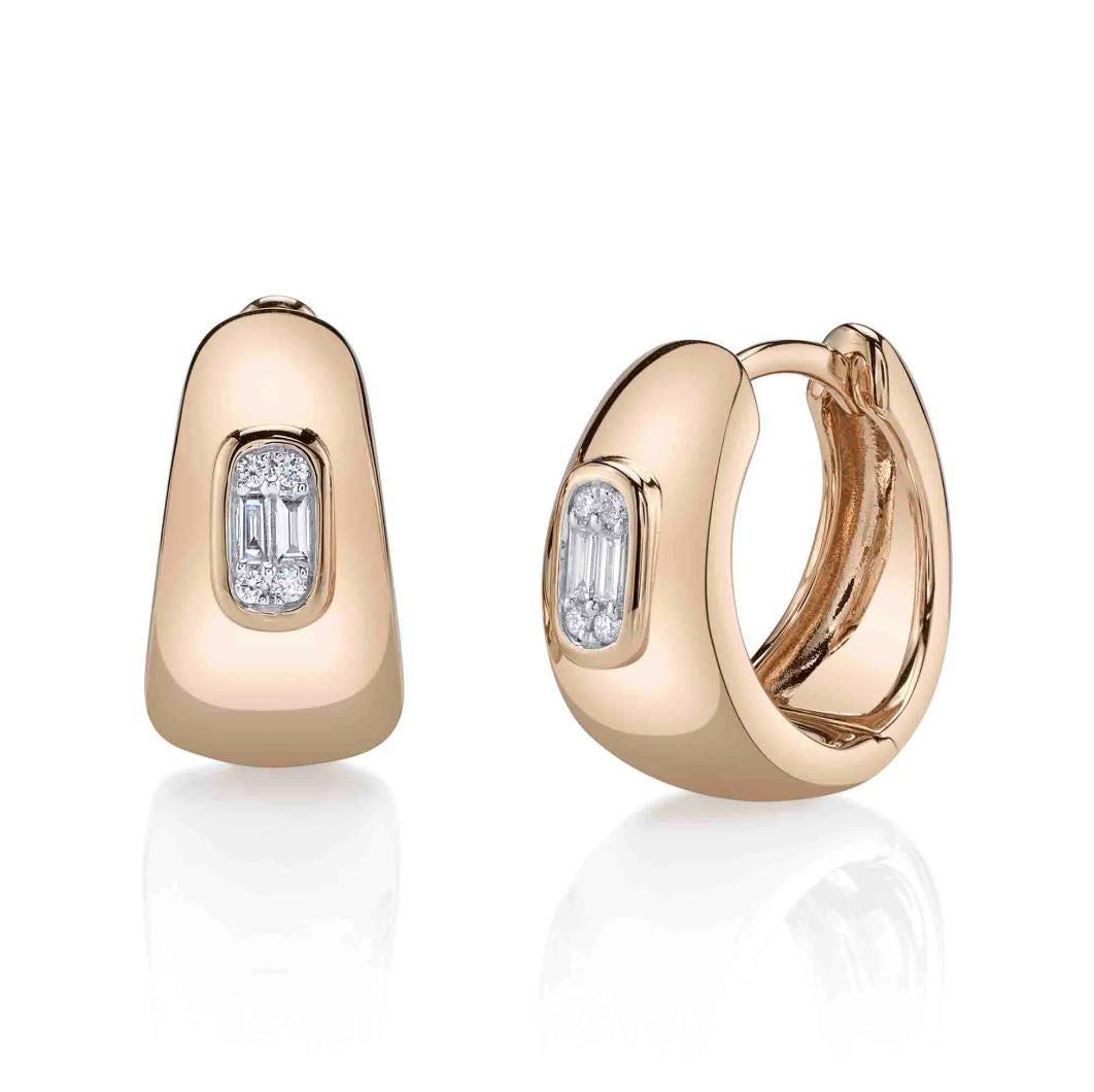 14K Rose Gold Diamond Huggie Earrings Baguette Round Natural 0.10CT Huggy Hoop0
