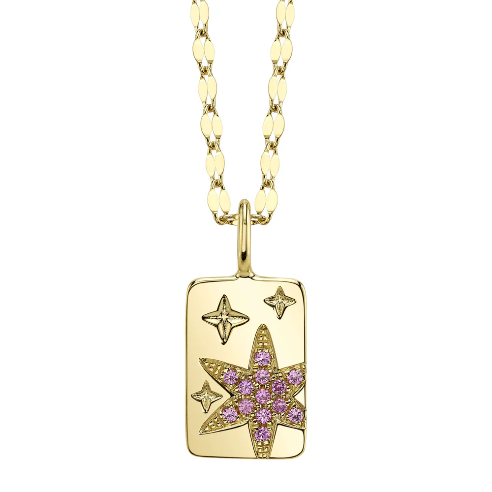 Pink Sapphire Star Dog Tag Pendant Necklace 14K Yellow Gold Natural 0.10CT0
