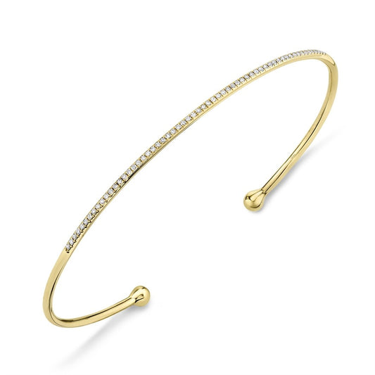 14K Yellow Gold Diamond Bangle Bracelet Open Cuff 0.16CT Natural Size Large 7.5"0
