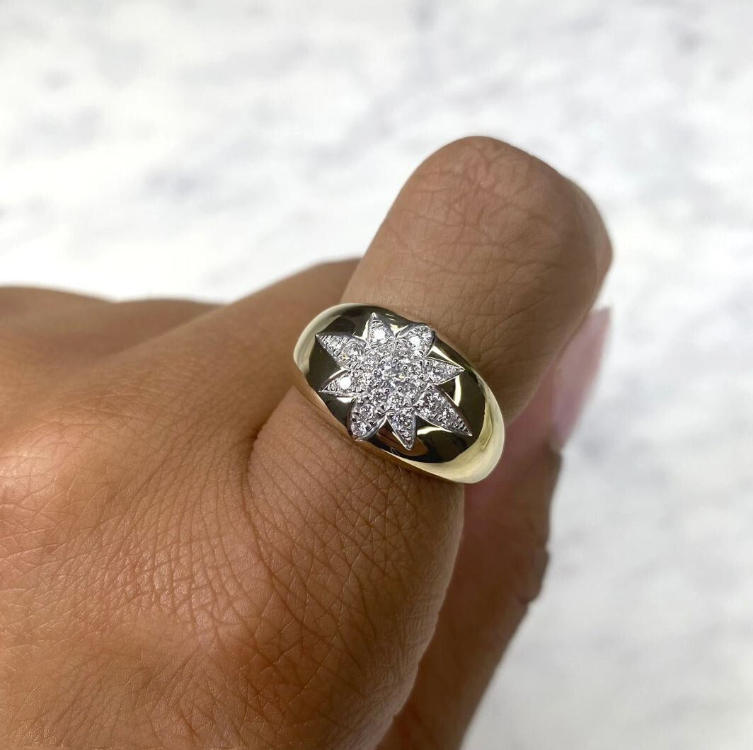 Star Diamond Ring 14K Yellow Gold Starburst Cocktail Statement 0.32CT Size 61