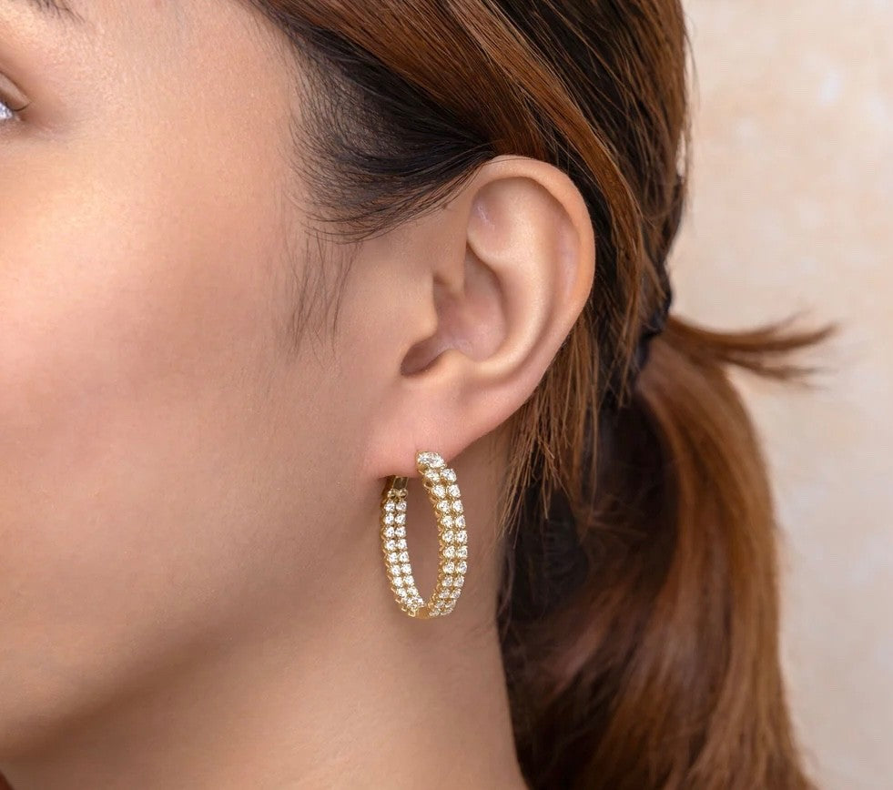 Diamond Inside Out Hoop Earrings 2 Row 14K White Gold Natural Crown Set 3.10 CTW1