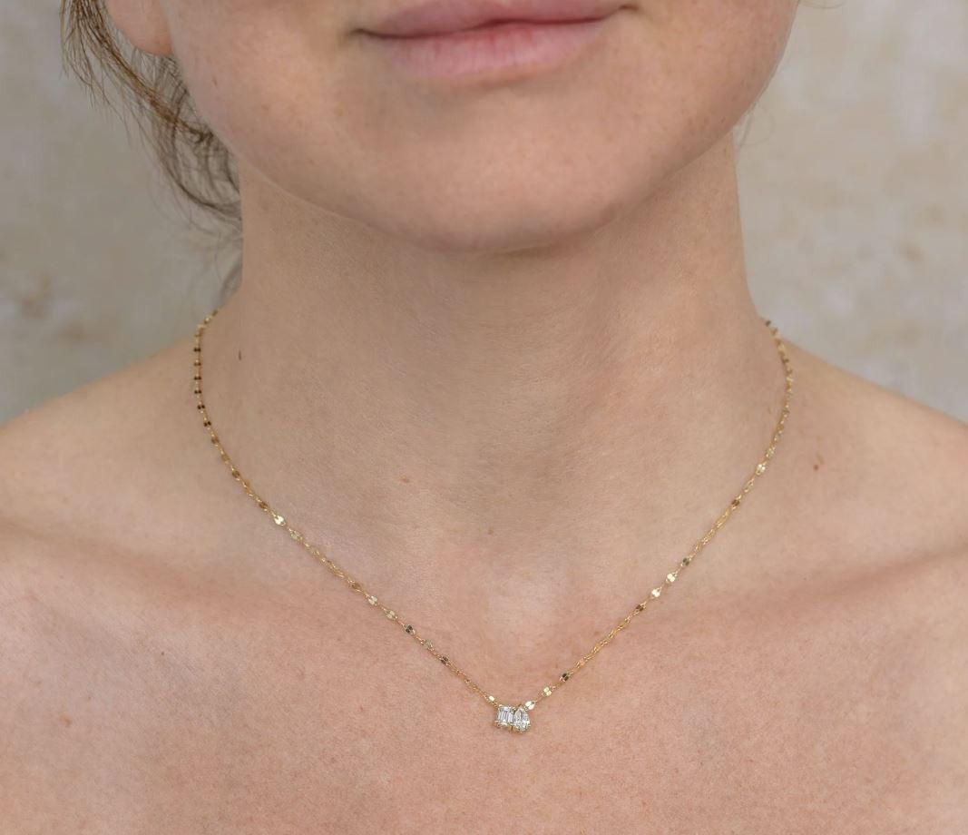 Diamond Pear Emerald Cut 2 Stone Necklace 14K Yellow Gold 0.42CTW Natural1