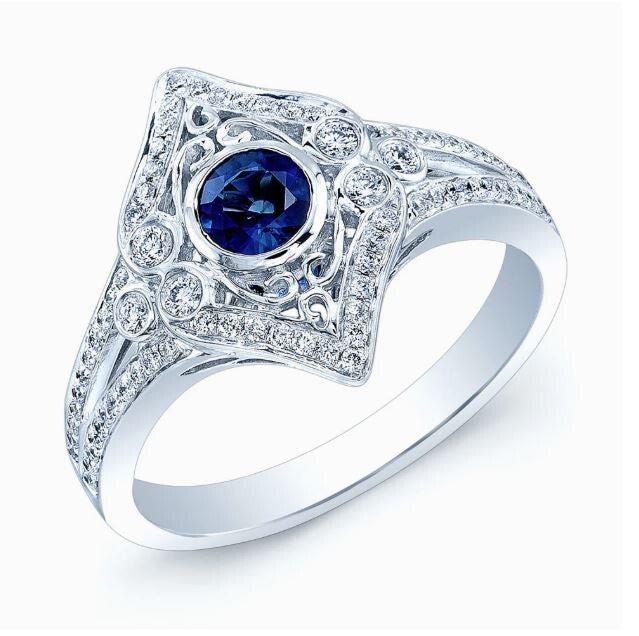 Sapphire Diamond Estate Antique Style Ring 14K White Gold 0.78 CTW Bezel Natural1