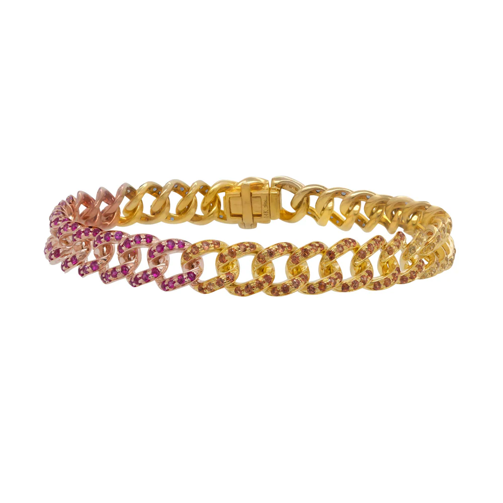 Gemstone Diamond Rainbow Curb Chain Link Bracelet 14K Gold Natural Multicolor3
