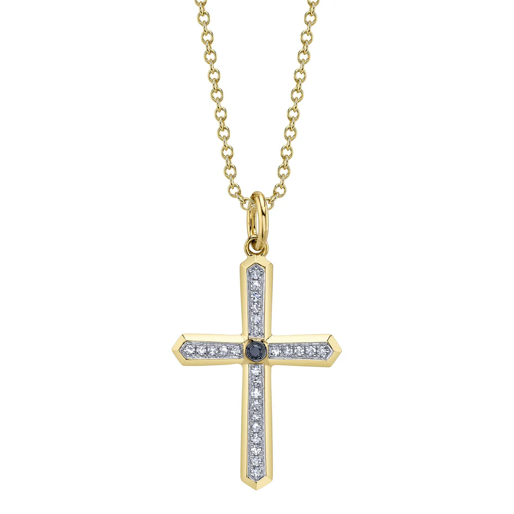 Black White Diamond Cross Pendant Necklace 14K Yellow Gold Natural0