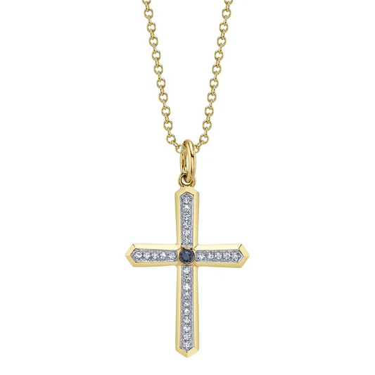 Black White Diamond Cross Pendant Necklace 14K Yellow Gold Natural0