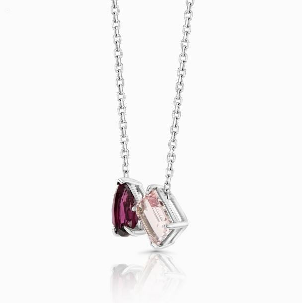 Rhodolite Garnet Morganite Toi et Moi You And Me 14K White Gold Necklace Natural1