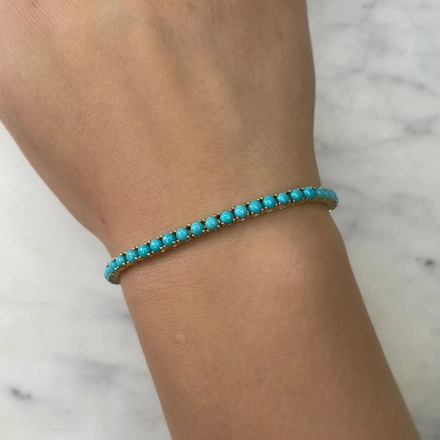 14K Gold Turquoise Tennis Bracelet 7.30 CTW Round Cut Womens1