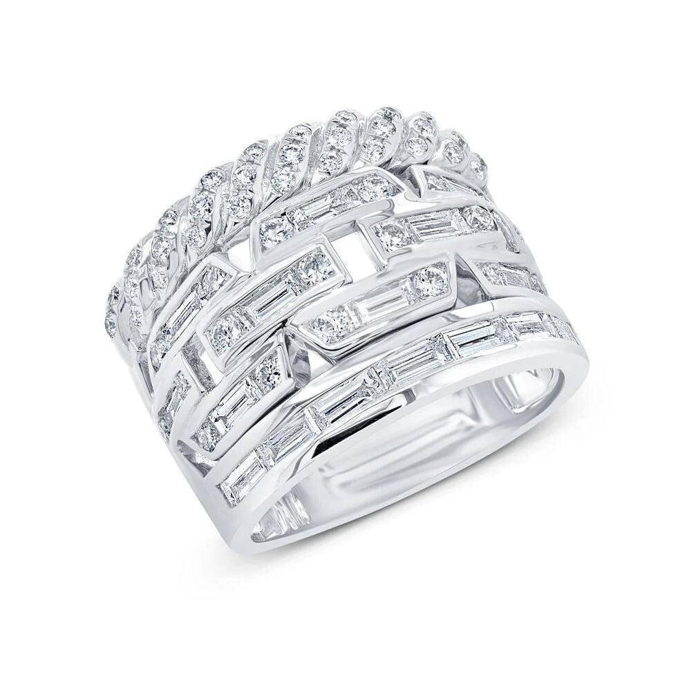 14K White Gold Baguette Diamond Wide Ring Cocktail Statement 1.58 CT Natural0