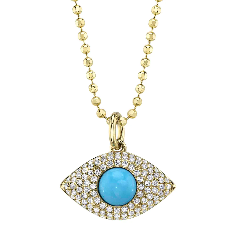 Evil Eye Turquoise Diamond Necklace 14K Yellow Gold All Seeing Charm Pendant0