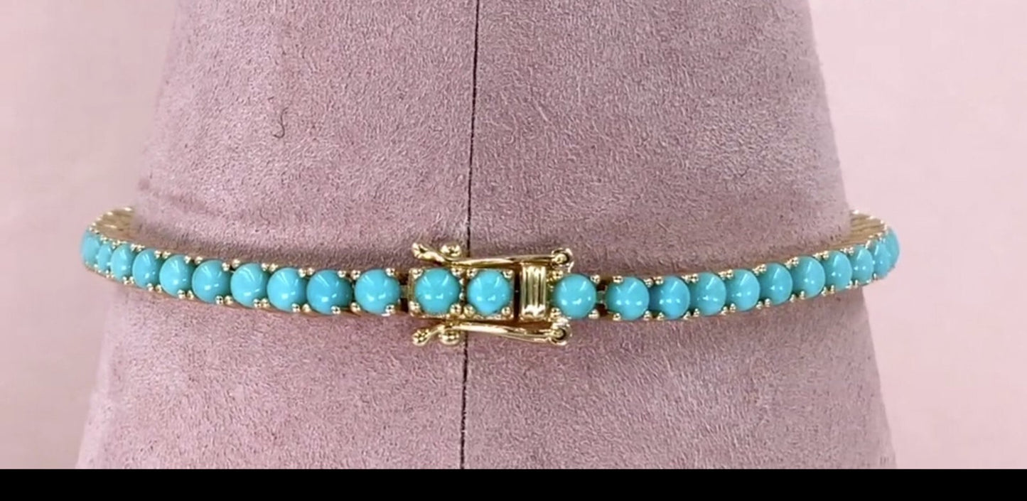 14K Gold Turquoise Tennis Bracelet 7.30 CTW Round Cut Womens3