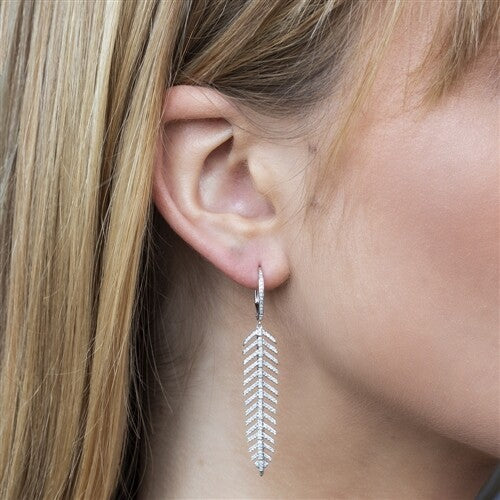 14K White Gold Diamond Feather Earrings Dangle Drop Natural Round Cut Leverback1