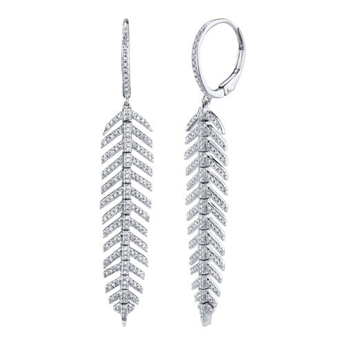 14K White Gold Diamond Feather Earrings Dangle Drop Natural Round Cut Leverback0