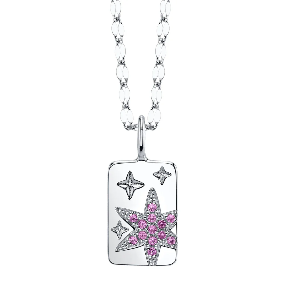 Pink Sapphire Star Dog Tag Pendant Necklace 14K Yellow Gold Natural 0.10CT3