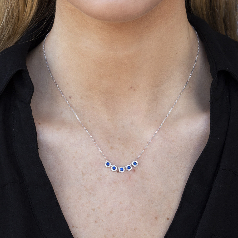 Blue Sapphire Diamond Necklace 14K White Gold 5 Stone Station Pendant 0.65TCW1