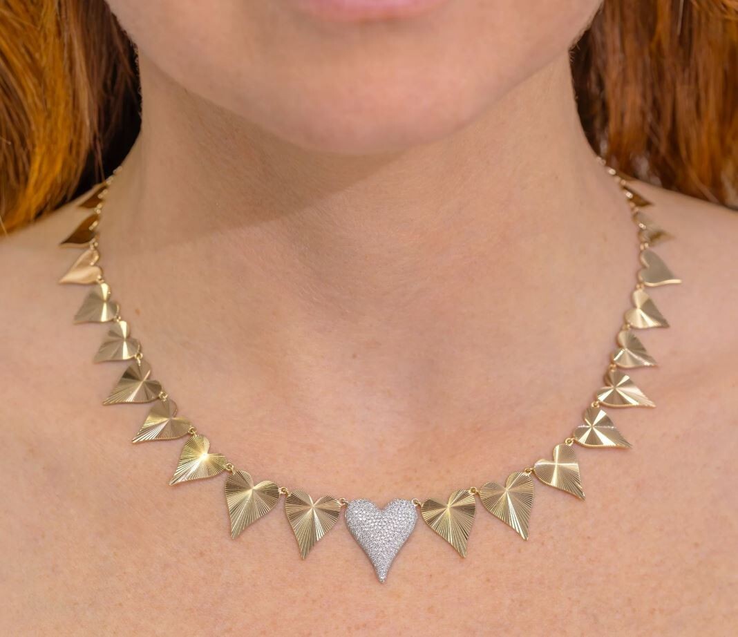 Diamond Ribbed Fluted Heart Necklace 14K Yellow Gold Natural 0.65CT Pave Set1