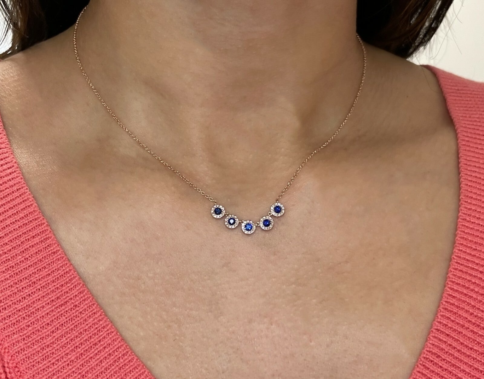 Blue Sapphire Diamond Necklace 14K White Gold 5 Stone Station Pendant 0.65TCW3