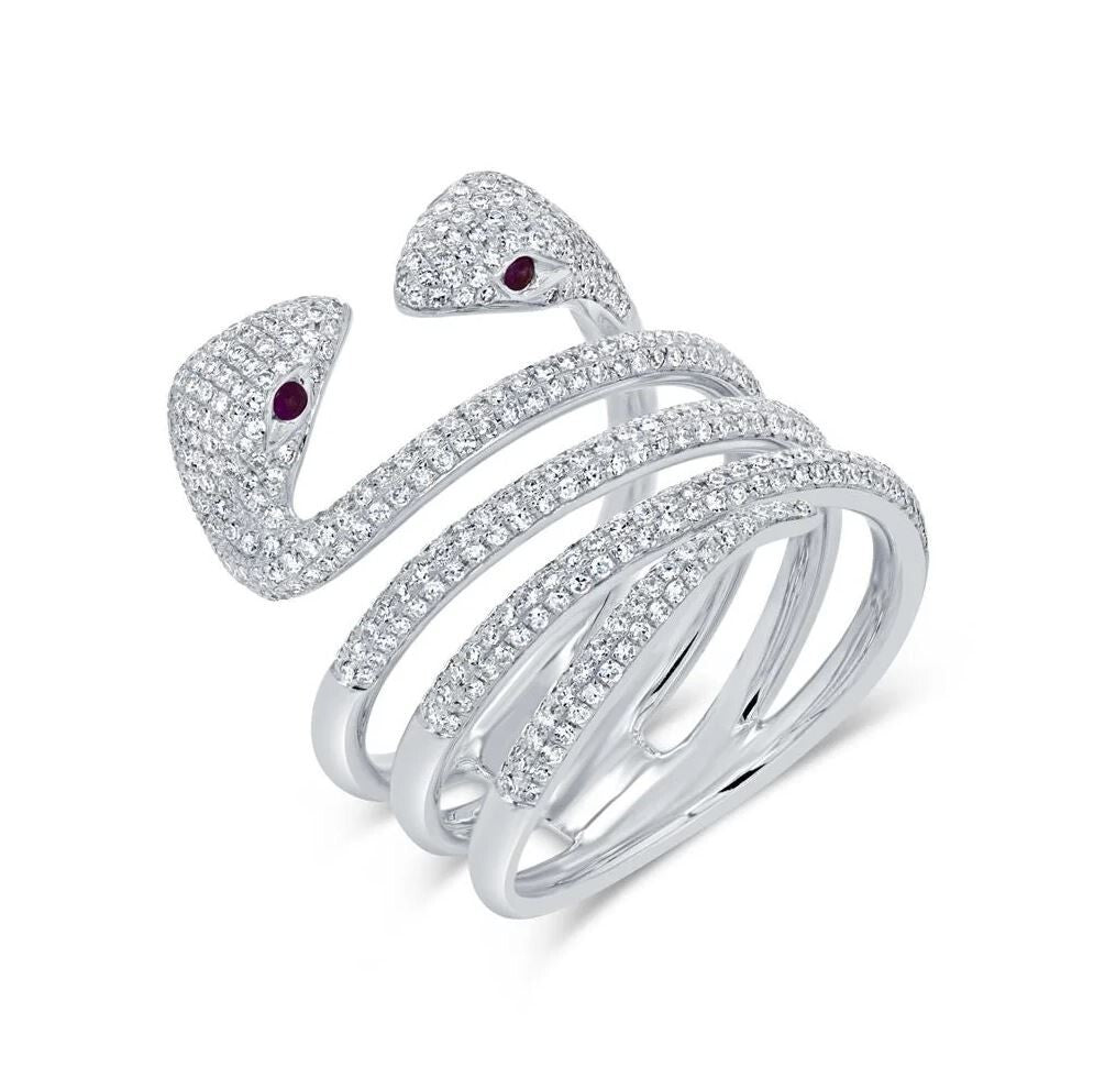 Diamond Ruby Snake Ring 14K White Gold 2 Head Wrap Swirl Cocktail Natural 1.13CT0