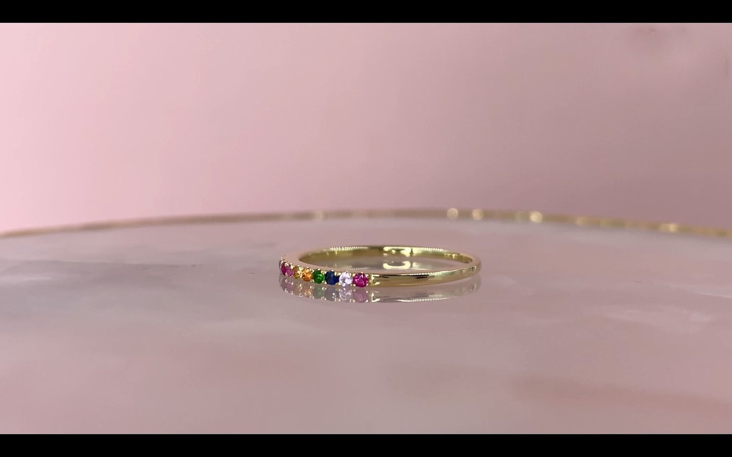 14K Gold Rainbow Gemstone Band Ring Multi Color Thin Natural Round 0.28CT Size 52