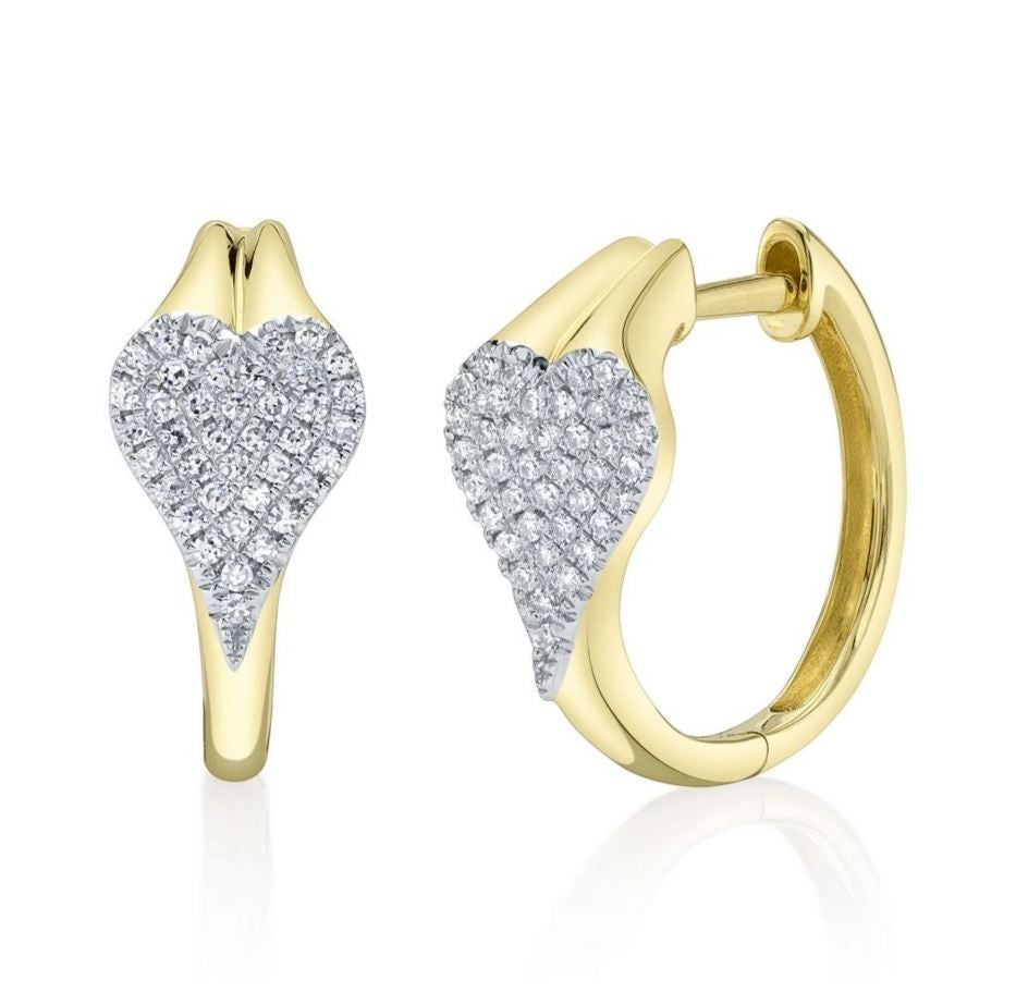 Diamond Huggie Heart Earrings 14K Yellow Gold Pave Set Natural 0.16 CT Certified0