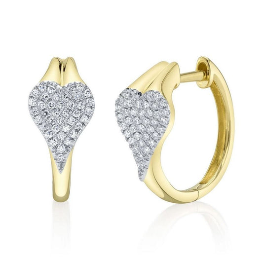 Diamond Huggie Heart Earrings 14K Yellow Gold Pave Set Natural 0.16 CT Certified0