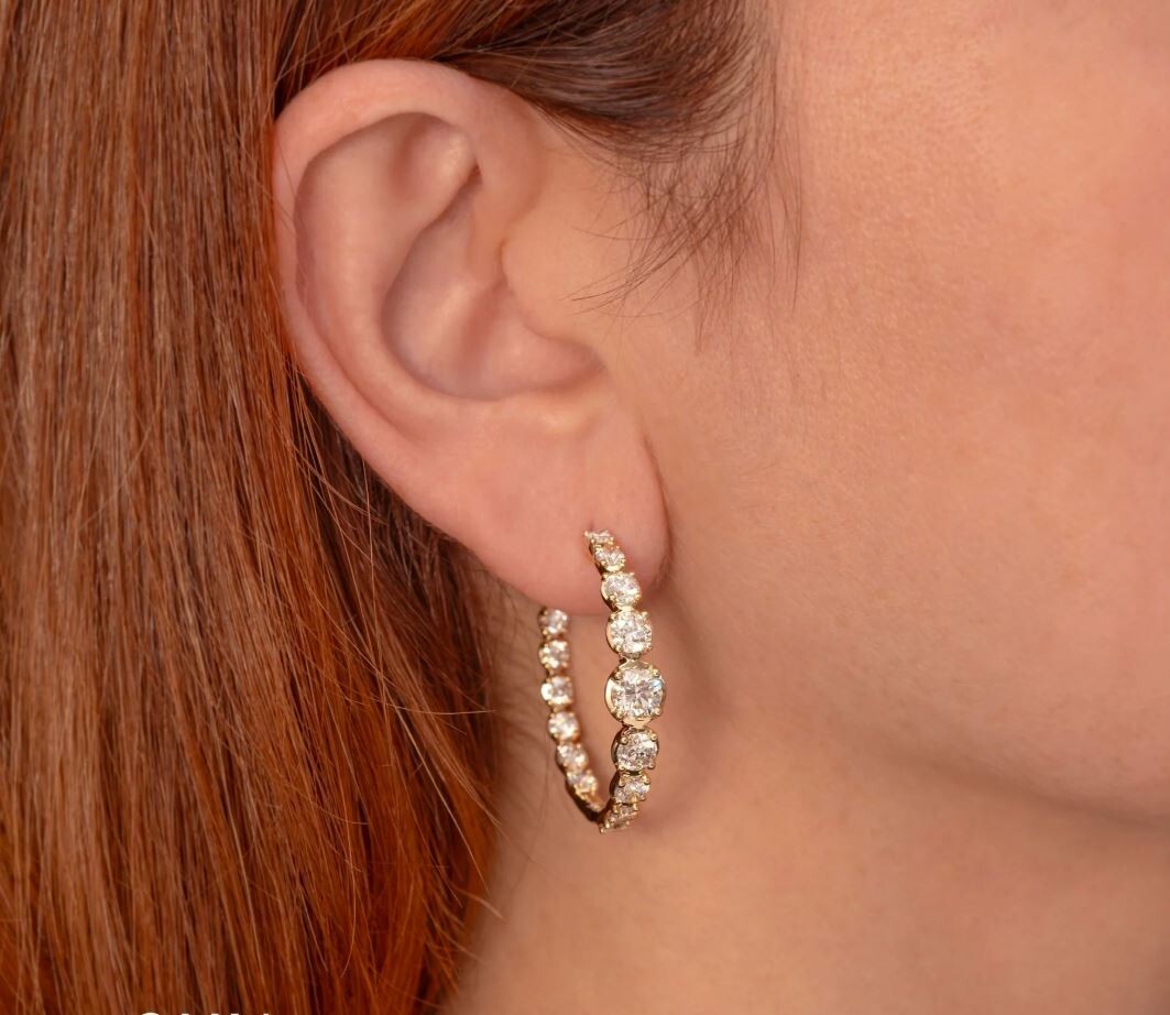 Diamond Hoop Earrings 14K Yellow Gold Inside Out Crown Setting 6.30CT Natural1