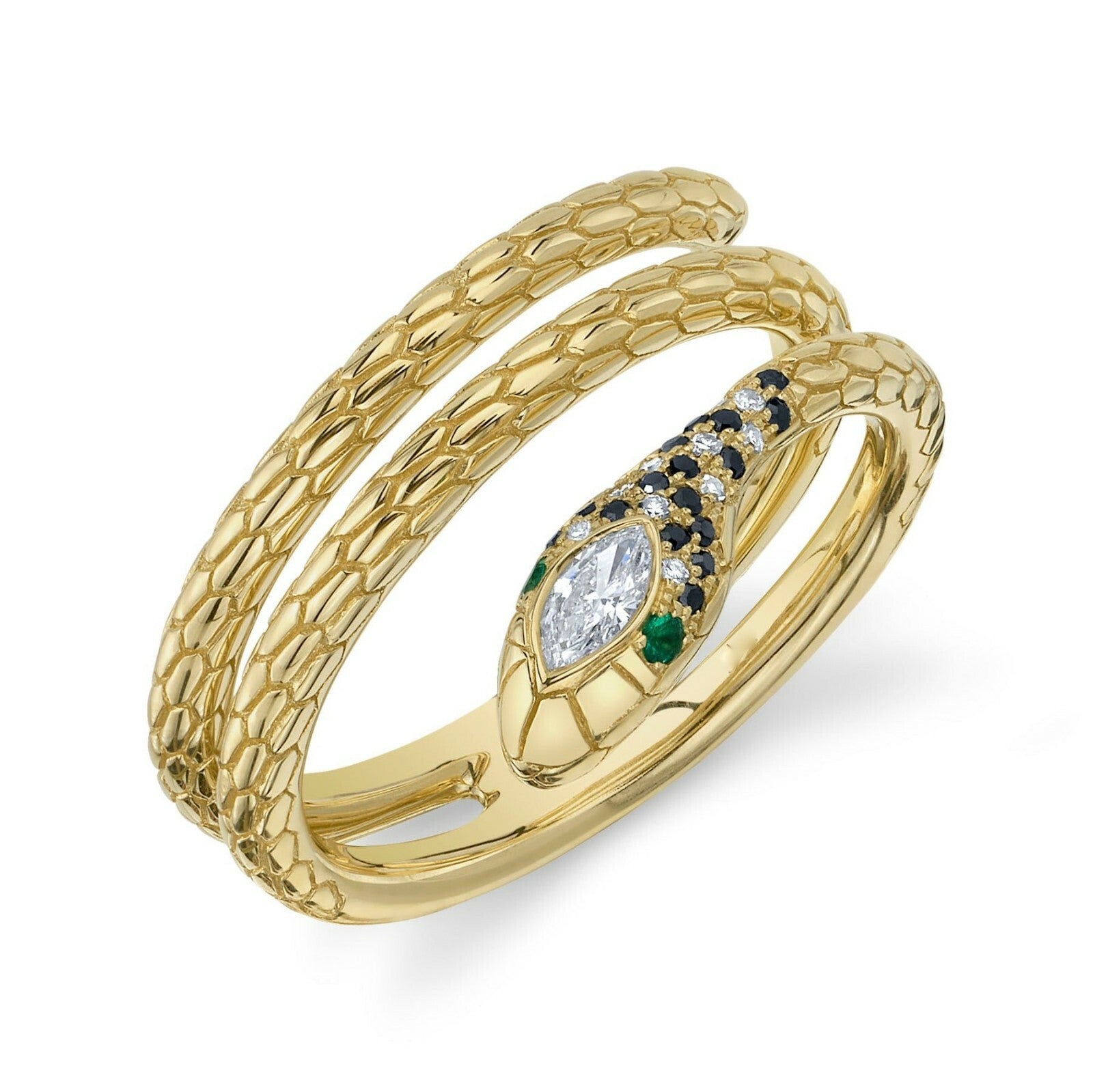 Diamond Snake Ring 14K White Gold Wrap Swirl Emerald Black White Marquise2