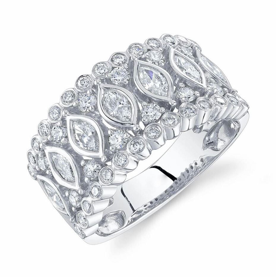 Marquise Diamond Ring 14K White Gold 1.38 CT Natural Cocktail Wide Band0