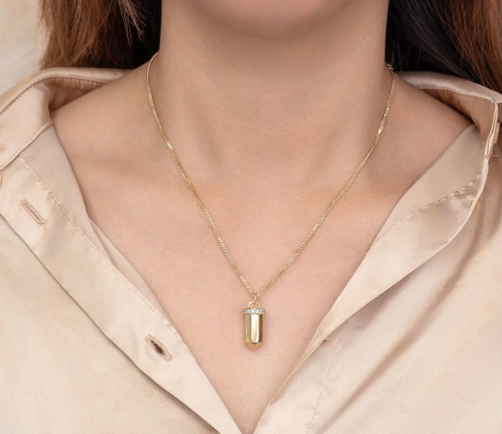 Diamond Pendulum Pendant 14K Yellow Gold Necklace Chopin Wheat Chain Natural1
