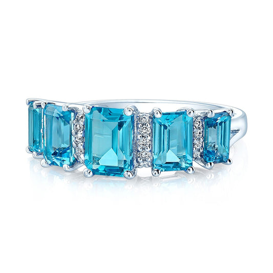 Swiss Blue Topaz Diamond Ring 14K White Gold 5 Stone Emerald Cut 3.17TCW Natural0