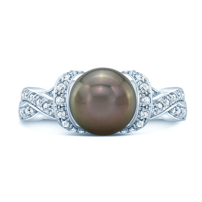 Black South Sea TahitianPearl Diamond Ring 14K White Gold Cocktail Natural1