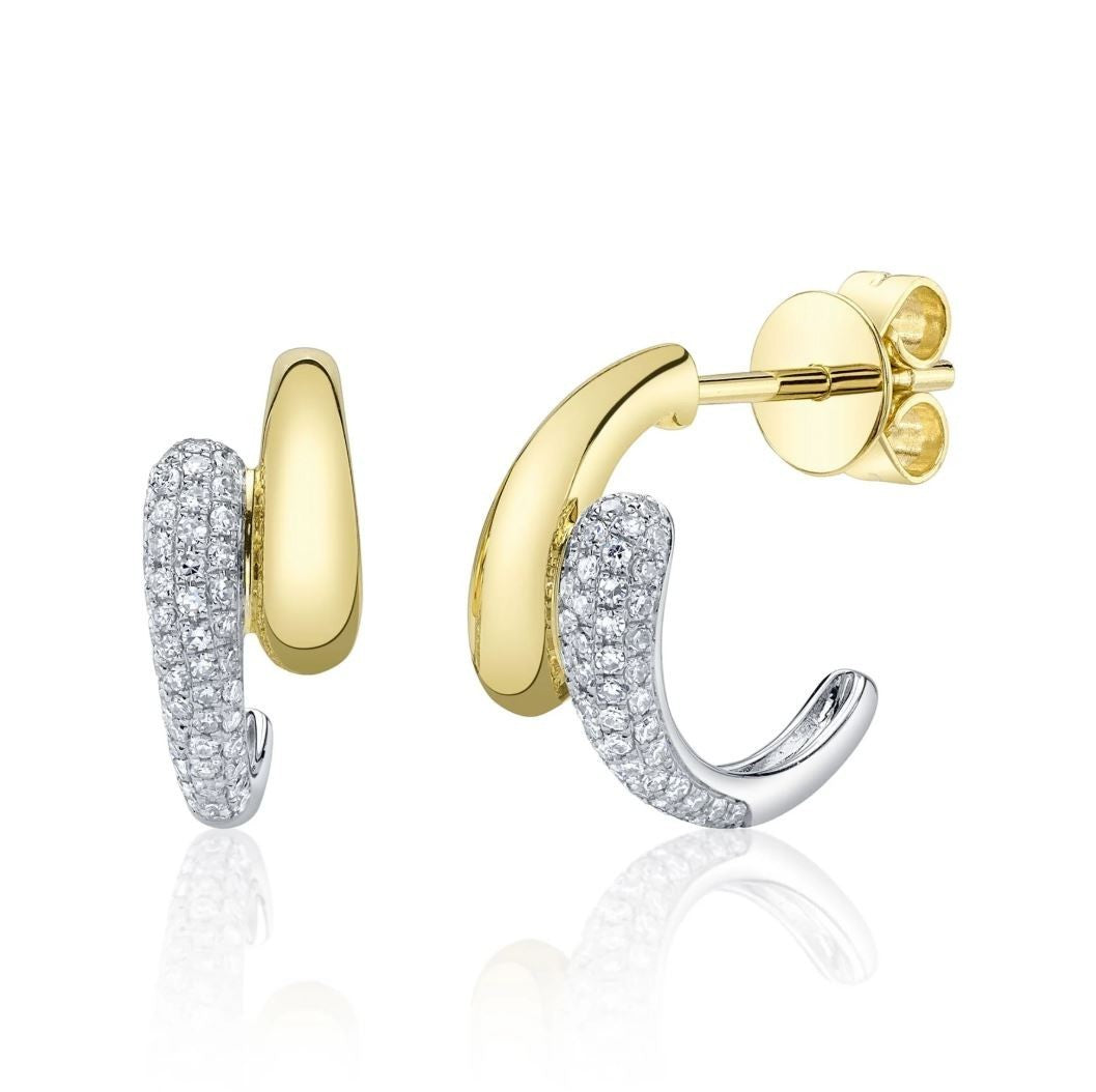 Diamond Huggie Earrings 14K Two Tone Gold Pave Set Claw Semi Huggies Natural1