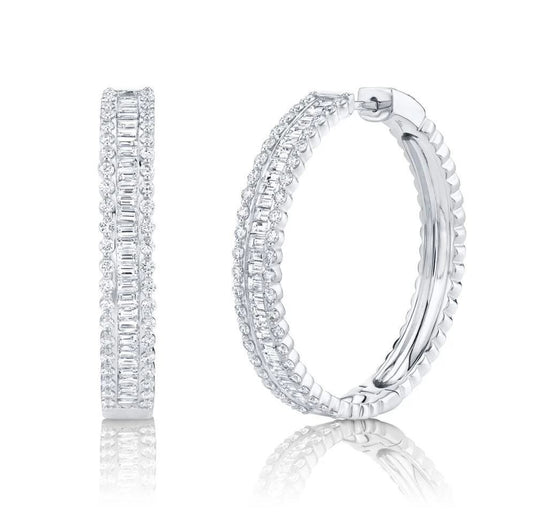 Baguette Diamond Hoop Earrings 14K White Gold 3.40CT Natural 1.45 Inch Diameter0