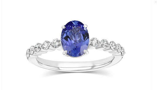 Oval Tanzanite Diamond Engagement Ring 14K White Gold Solitaire Floating Natural0