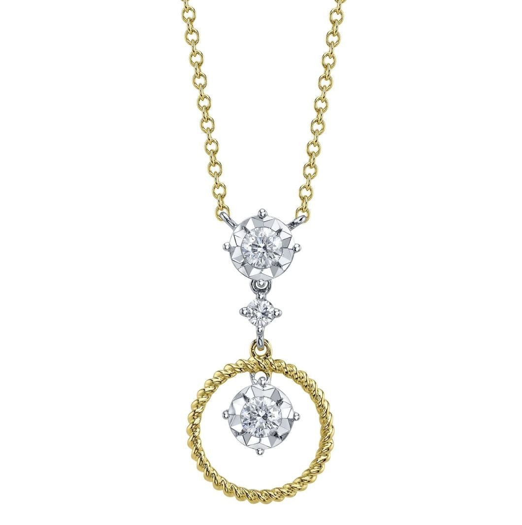14K Gold Diamond Dangling Dangle Necklace Circle Moving Pendant Natural 0.27CT0