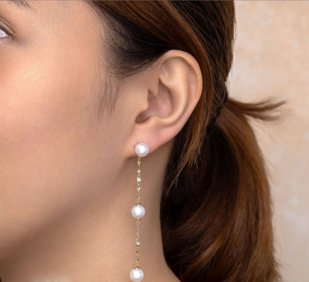 Cultured Pearl Diamond Chain Earrings 14K Yellow Gold Drop Dangle 0.10CT Natural1