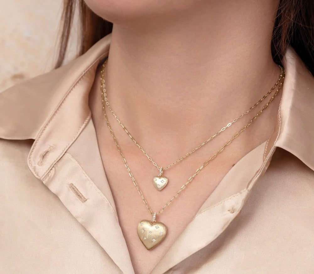 Diamond Heart Star Necklace 14K Yellow Gold Matte Puffy Charm Natural  0.04CT1
