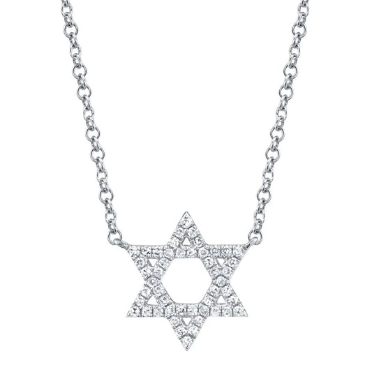 Star Of David Diamond 14K White Gold Necklace Natural 0.11CT Adjustable Pendant0