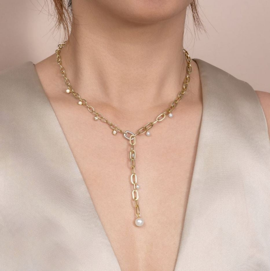 Diamond Pearl Paper Clip Link Necklace 14K Yellow Gold 0.26 CT Natural1
