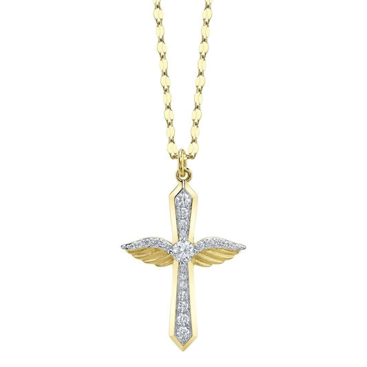 Diamond Angel Wing Cross Necklace 14K Yellow Gold Matte 0.34CT Natural Certified0