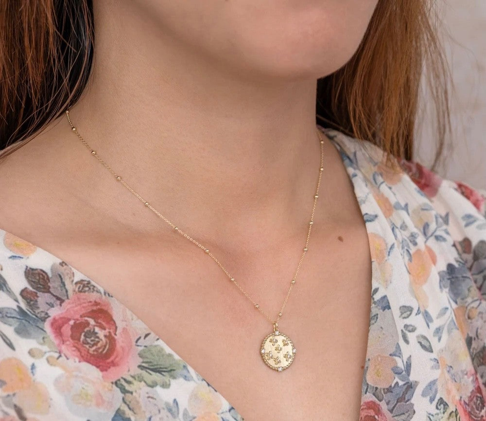 Diamond Circle Disc Flower Necklace 14K White Gold Matte Finish Natural 0.12CT1