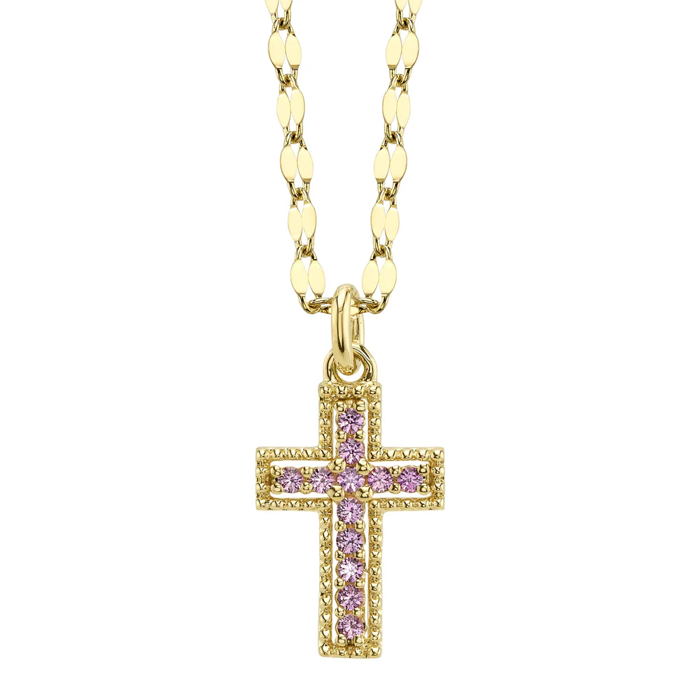 Pink Sapphire Cross Pendant Necklace 14K White Gold Natural 0.11CT2