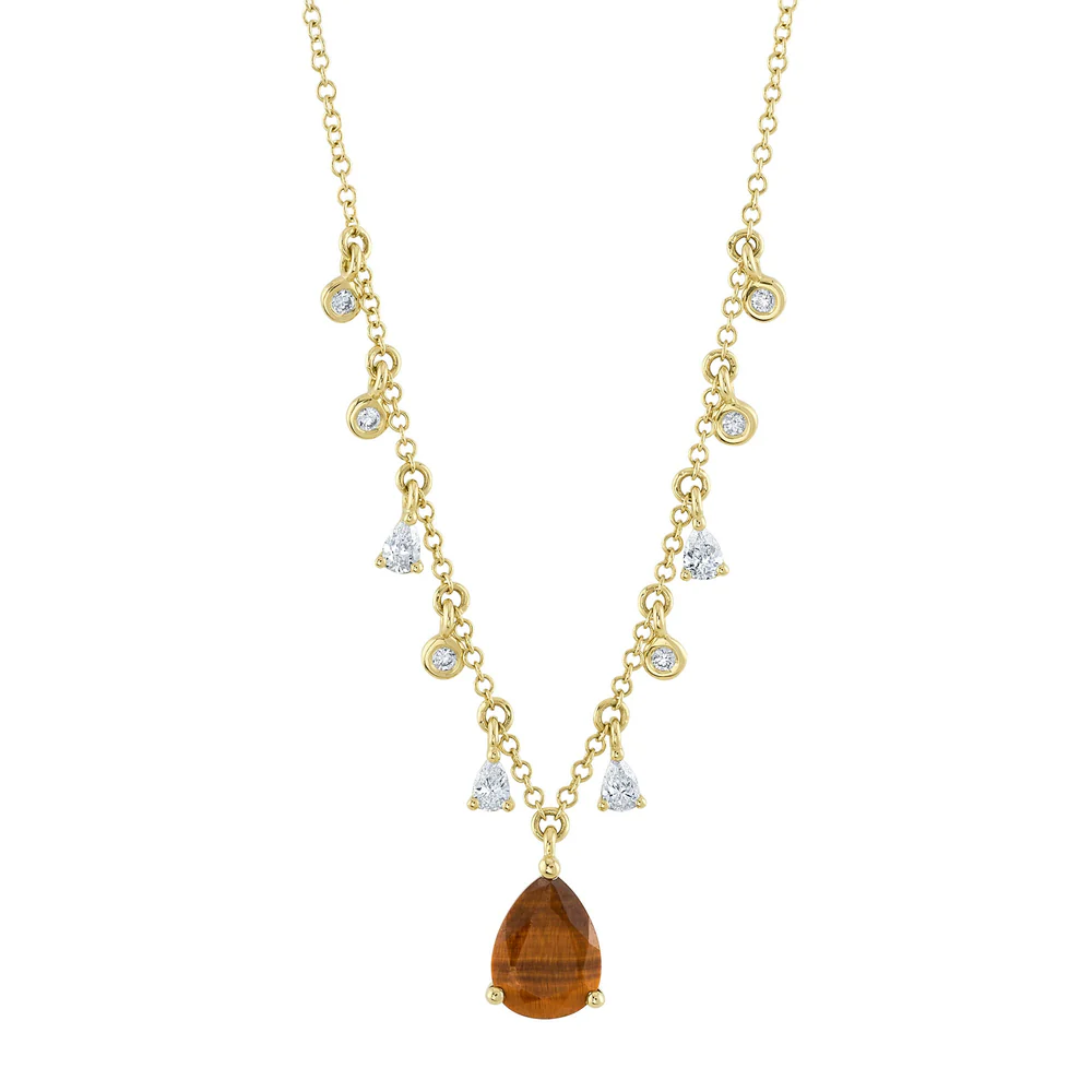 14K Gold Tiger's Eye Diamond Pear Necklace 1.43 CTW Natural0