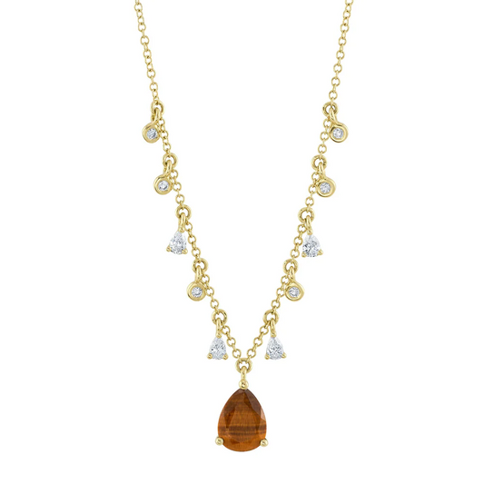 14K Gold Tiger's Eye Diamond Pear Necklace 1.43 CTW Natural0