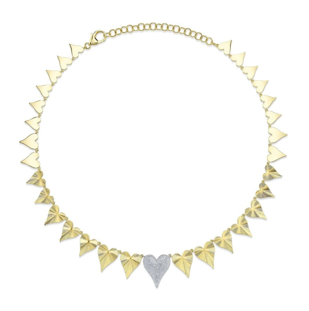 Diamond Ribbed Fluted Heart Necklace 14K Yellow Gold Natural 0.65CT Pave Set0