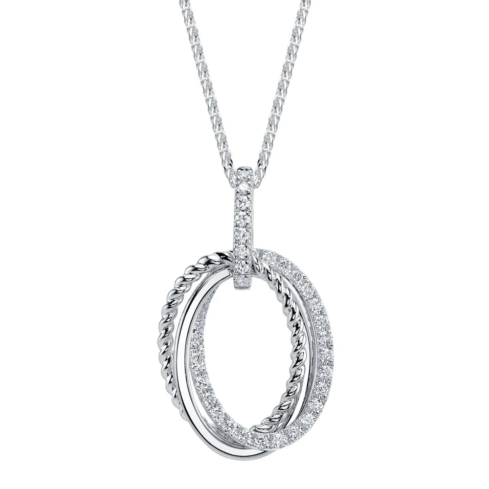 Diamond Oval Ring Necklace 14K White Gold Certified Natural 0.30CT0