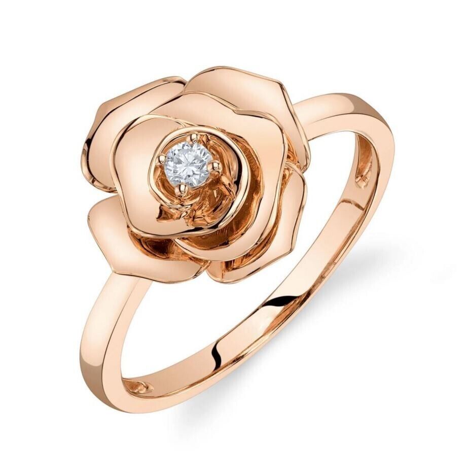 14CT Yellow Gold 0.07 CT Round Cut Diamond Rose Flower Ring