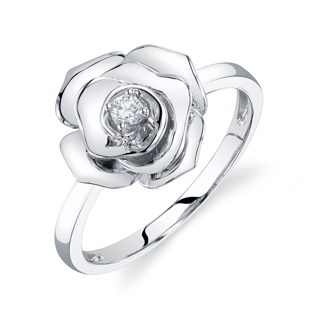 14CT Yellow Gold 0.07 CT Round Cut Diamond Rose Flower Ring