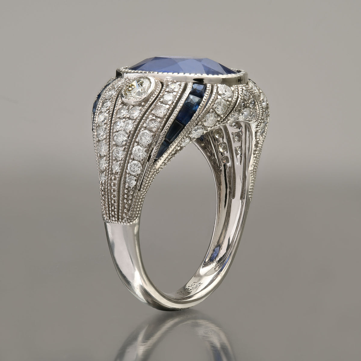 Art Deco Style Oval Sapphire Diamond Platinum Ring GIA Certified 6.97CTW Natural