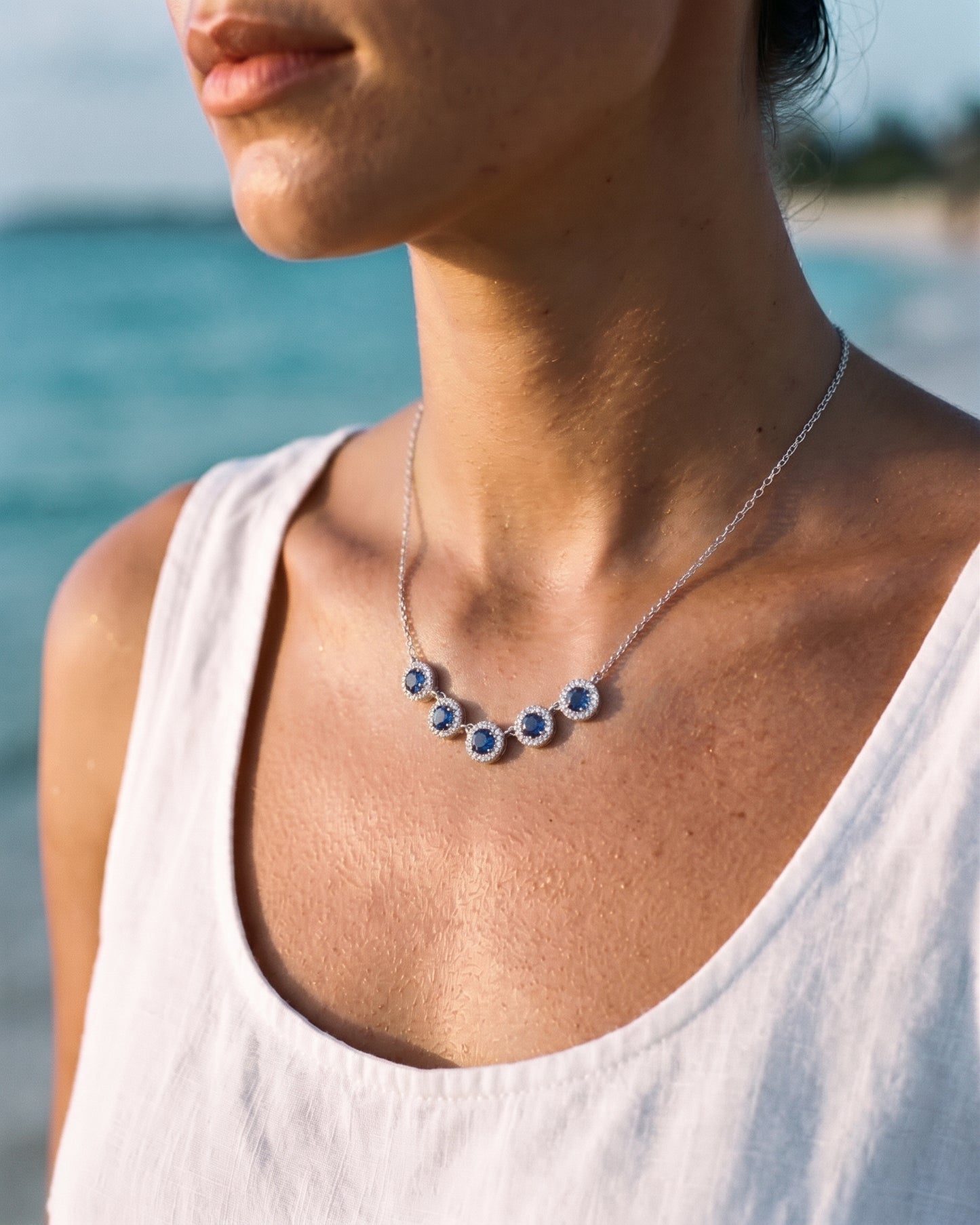 Blue Sapphire Diamond Necklace 14K White Gold 5 Stone Pendant 0.65TCW Natural